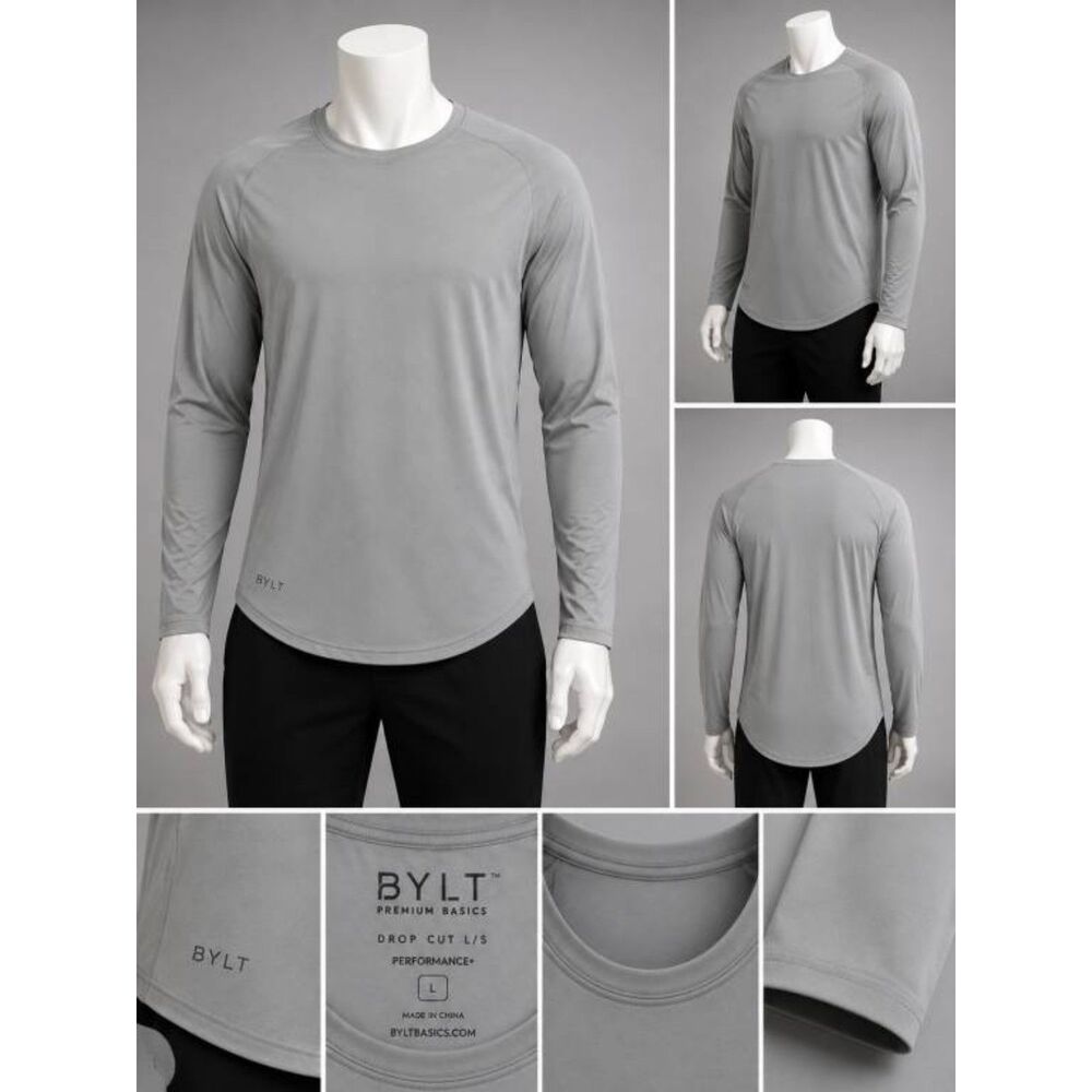 BYLT Premium Basics Drop Cut L/S Performance+ Shirt Men's Large Light Gray